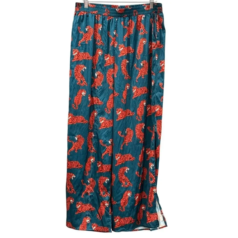 Dressed in LALA Women's Tiger Tales Posh Satin Pants XL Wide Leg Maximalist Glam